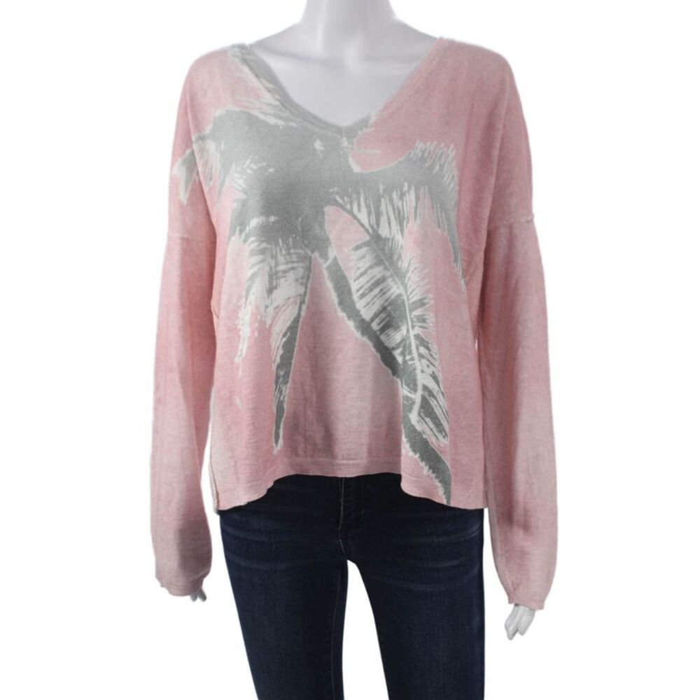 LIT Women Pullover Sweater V-Neck Long Sleeve Floral Pink Size L